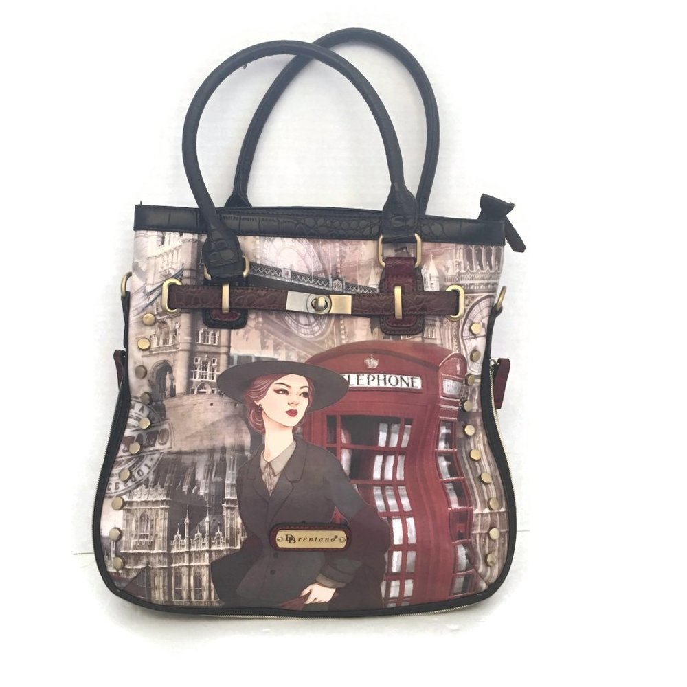 Vintage Brentano Handbag Multi Color Graphic City Street Lady Telephone Booth